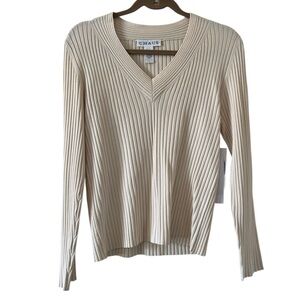 Chaus V-Neck Silk Blend Ribbed Sweater Cream Color size XL NWT